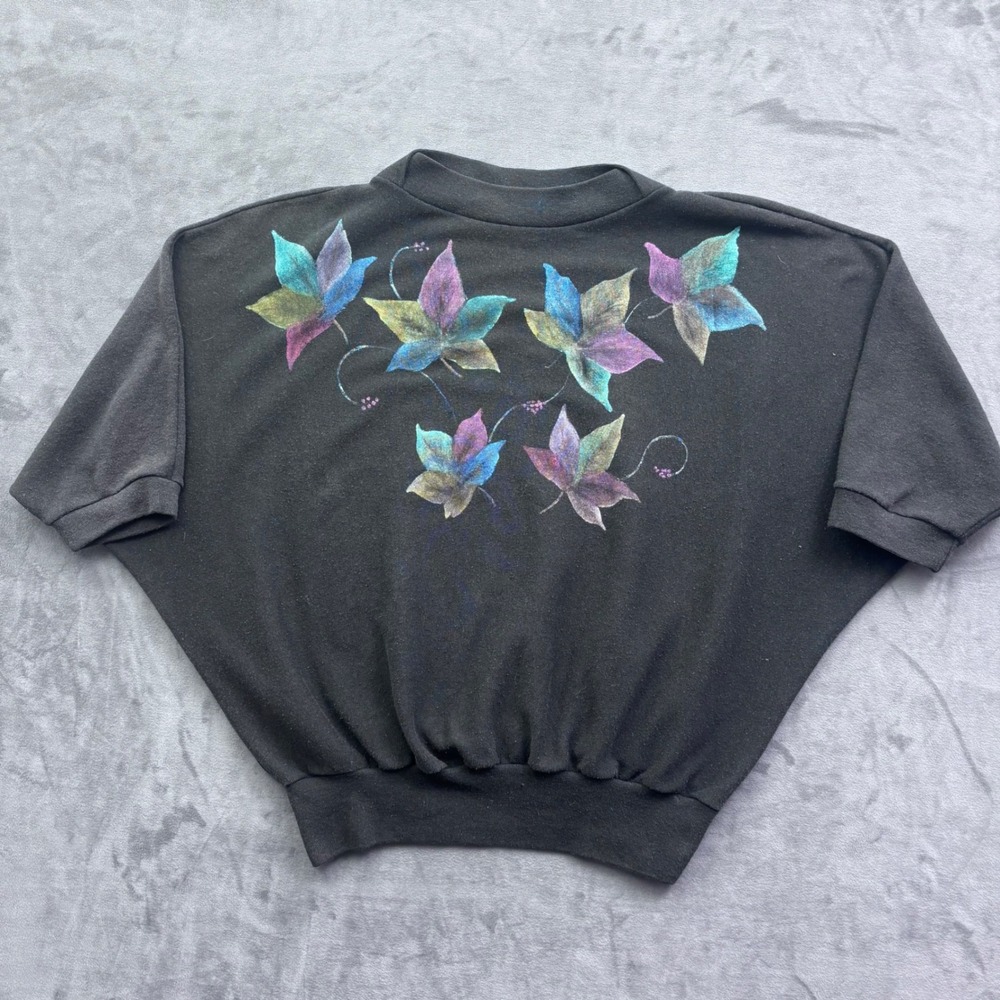 Vintage Signature Sportswear Black Floral Leaf Batwing Sweatshirt Made in USA OS